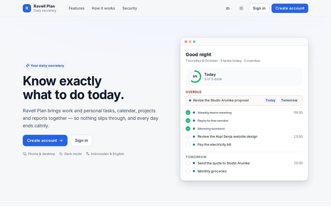 Ravell Plan landing page with today's task list and progress